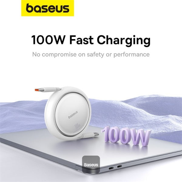 كابل شحن باسياس فري 2 درو ميني قابل للسحب USB-C 100W 1م باللون الأبيض