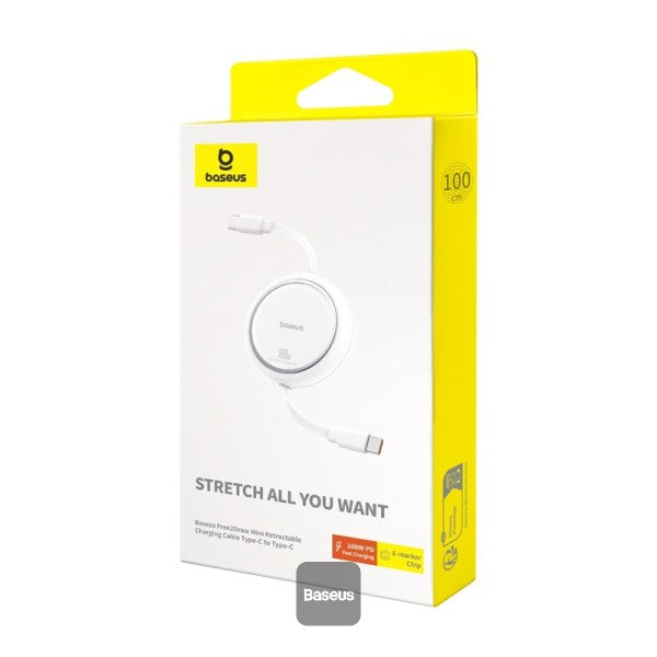 كابل شحن باسياس فري 2 درو ميني قابل للسحب USB-C 100W 1م باللون الأبيض