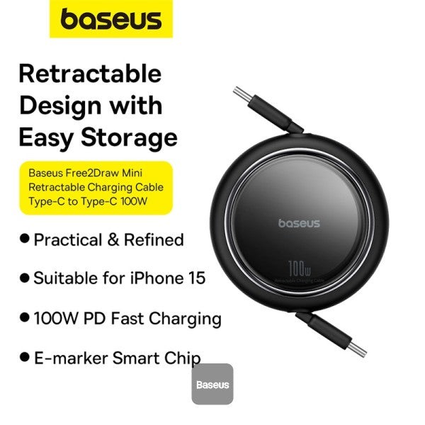 كابل شحن باسياس فري 2 درو ميني قابل للسحب USB-C 100W 1م باللون الأسود