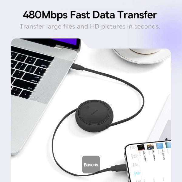 كابل شحن باسياس فري 2 درو ميني قابل للسحب USB-C 100W 1م باللون الأسود