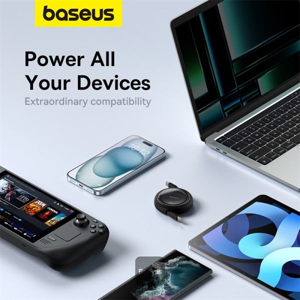 كابل شحن باسياس فري 2 درو ميني قابل للسحب USB-C 100W 1م باللون الأسود