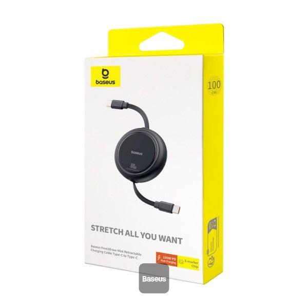 كابل شحن باسياس فري 2 درو ميني قابل للسحب USB-C 100W 1م باللون الأسود
