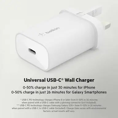بيلكين - شاحن لاسلكي 25W PD USB-C مع كابل 1م PVC C-LTG - أبيض
