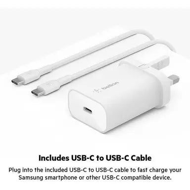 بيلكين - شاحن لاسلكي 25W PD USB-C مع كابل 1م PVC C-LTG - أبيض