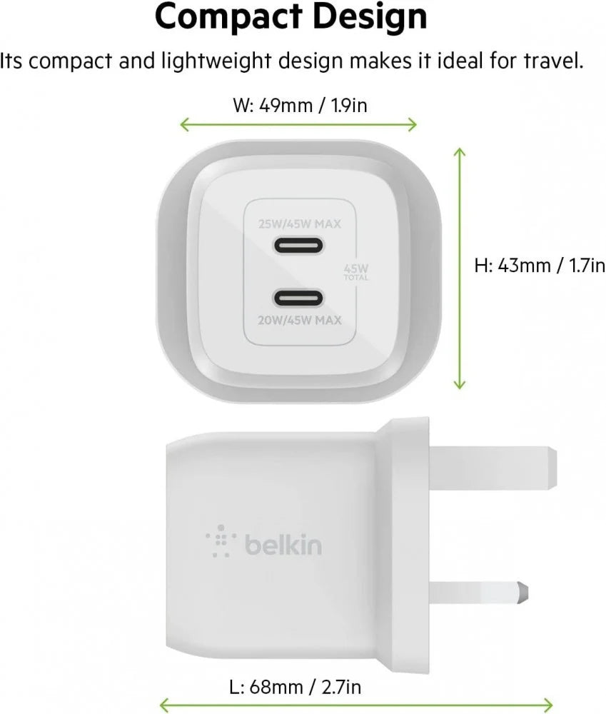 بيلكين - شاحن حائط - 45W - USB-C مزدوج مع PPS - أبيض