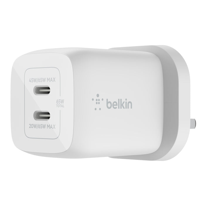 بيلكين - شاحن لاسلكي 65W مع منفذي USB-C GAN مع PPS - أبيض