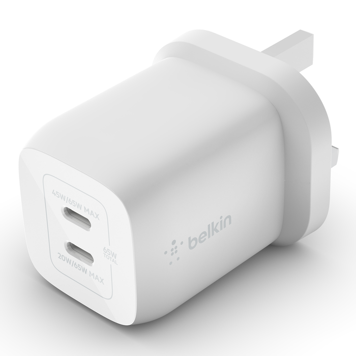 بيلكين - شاحن لاسلكي 65W مع منفذي USB-C GAN مع PPS - أبيض