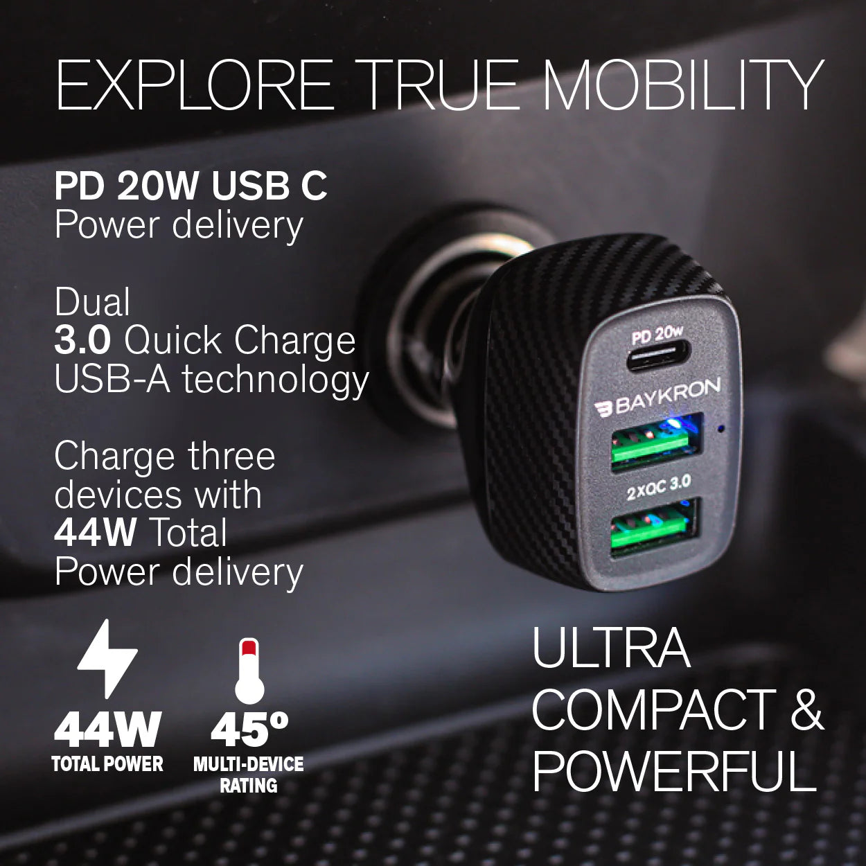 Car Charger USB 3.0A, 2.1A & USB Type-C Power Delivery 20W