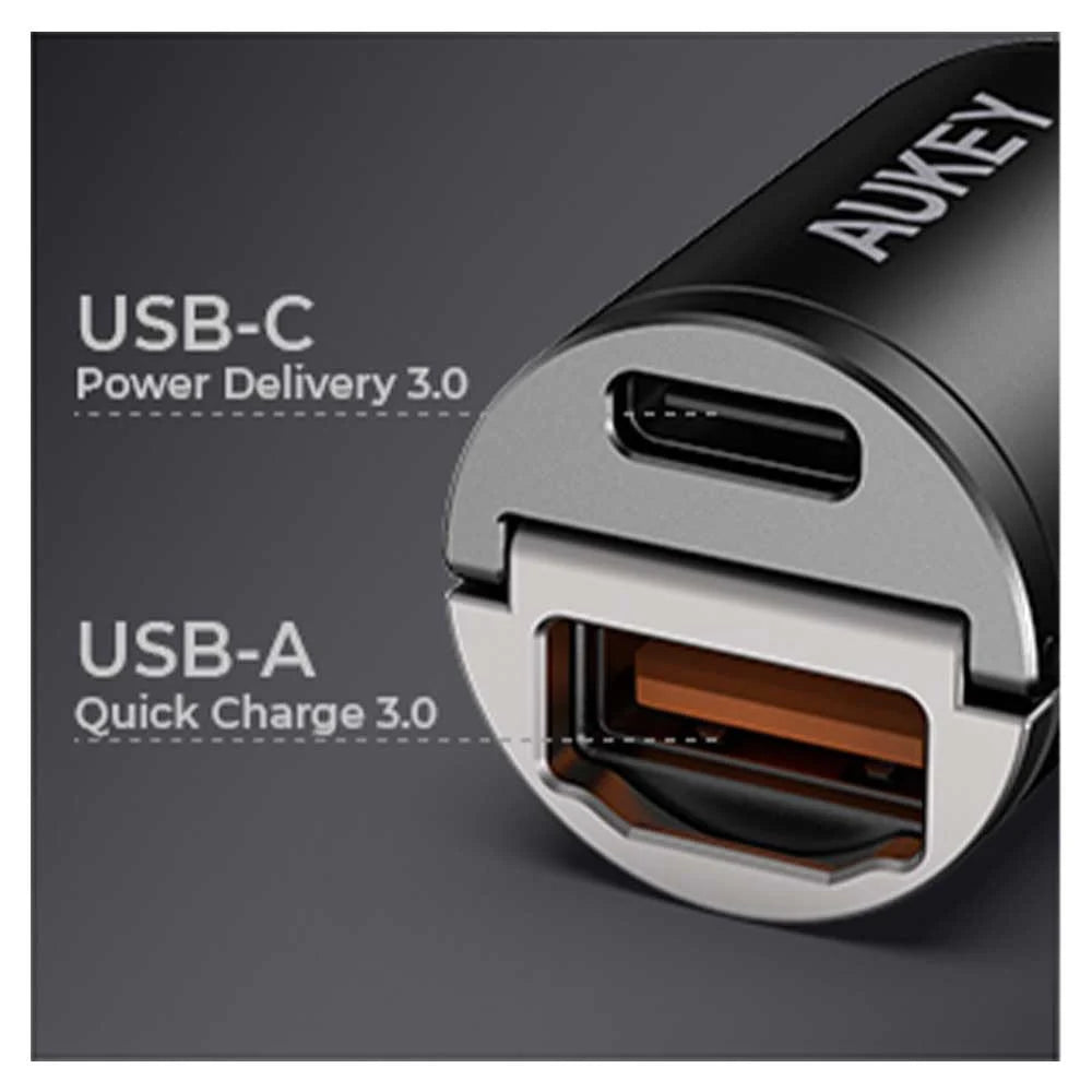 AUKEY PD Nano Car Charger 30W 2-Port USB-A & USB-C A3 Black