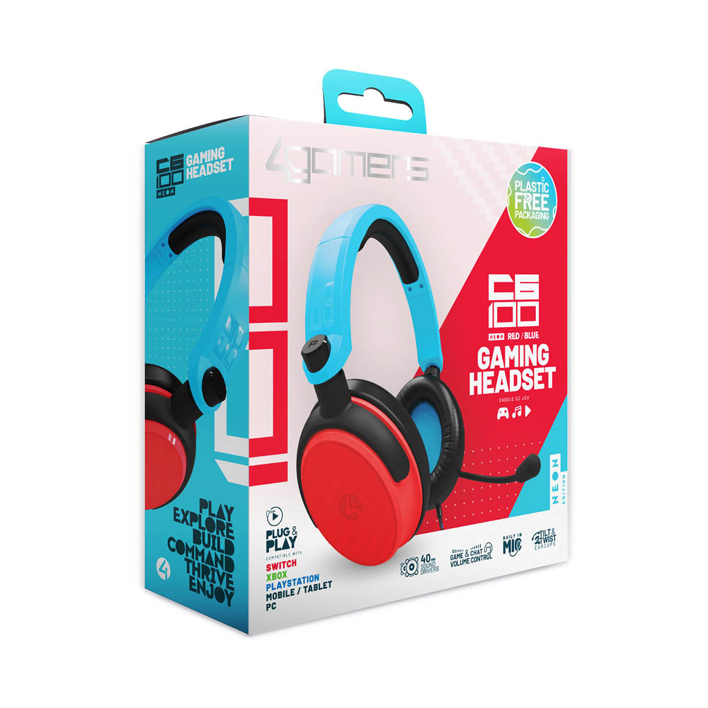 4Gamers C6-100 Gaming Headset for Switch, XBOX, PS4/PS5, PC - Neon Blue/Red