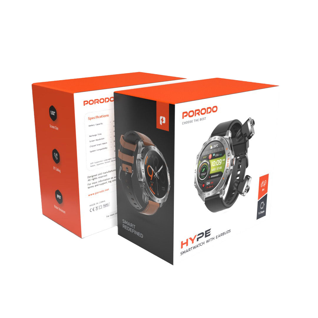 Porodo Hype Smartwatch With Earbuds 400mAh (Watch) - 35mAh