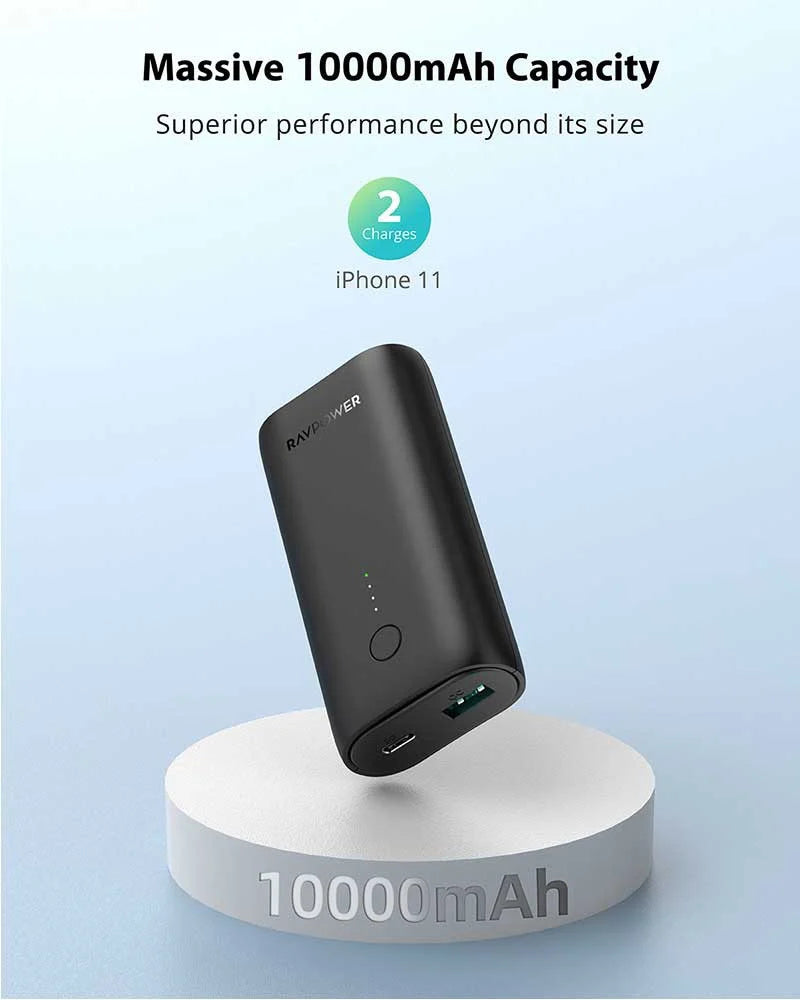 بنك طاقة RAVPower RP-PB205 بسعة 10000mAh وقوة PD20W + QC18W - أسود