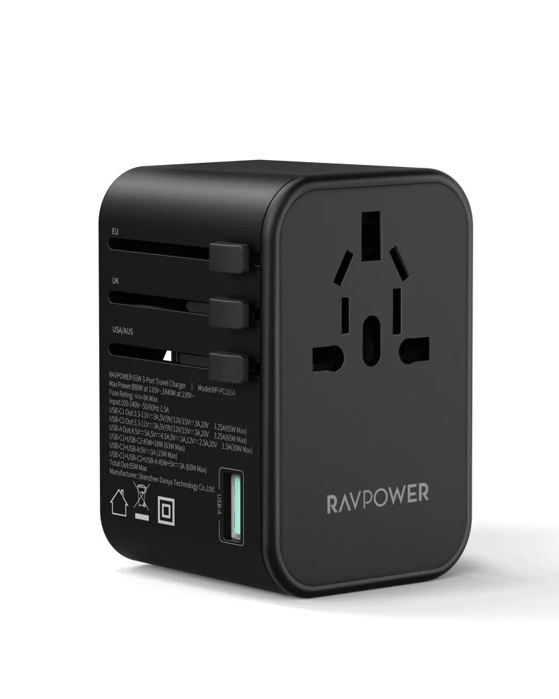 RAVPower RP-PC1034 PD PIONEER 65W 3-Port Travel Charger BLK