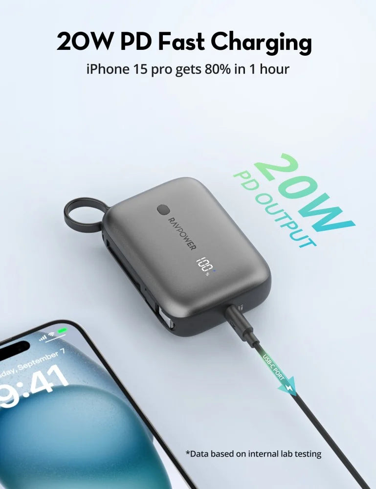 RAVPower PD20W 10000mAh Power Bank Build-in Type C Cable