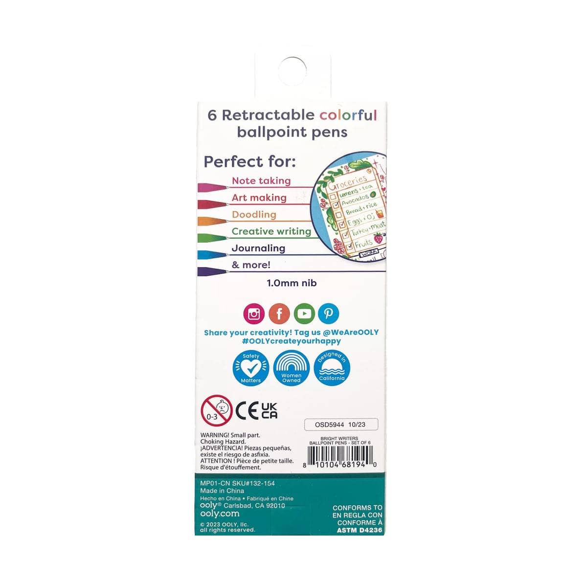 Ooly Bright Writers Colored Ballpoint Pens Set Of 6
