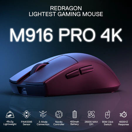 Redragon M916 PRO 3-Mode Wireless Gaming Mouse, Hype-Speed 4K Polling Rate, 49G Ultra-Light 26K DPI Gamer Mouse w/Ergonomic Natural Grip Build, Redefinable.Black