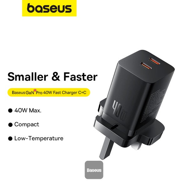 شاحن باسياس GaN5 برو سريع C+C 40W المملكة المتحدة باللون الأسود