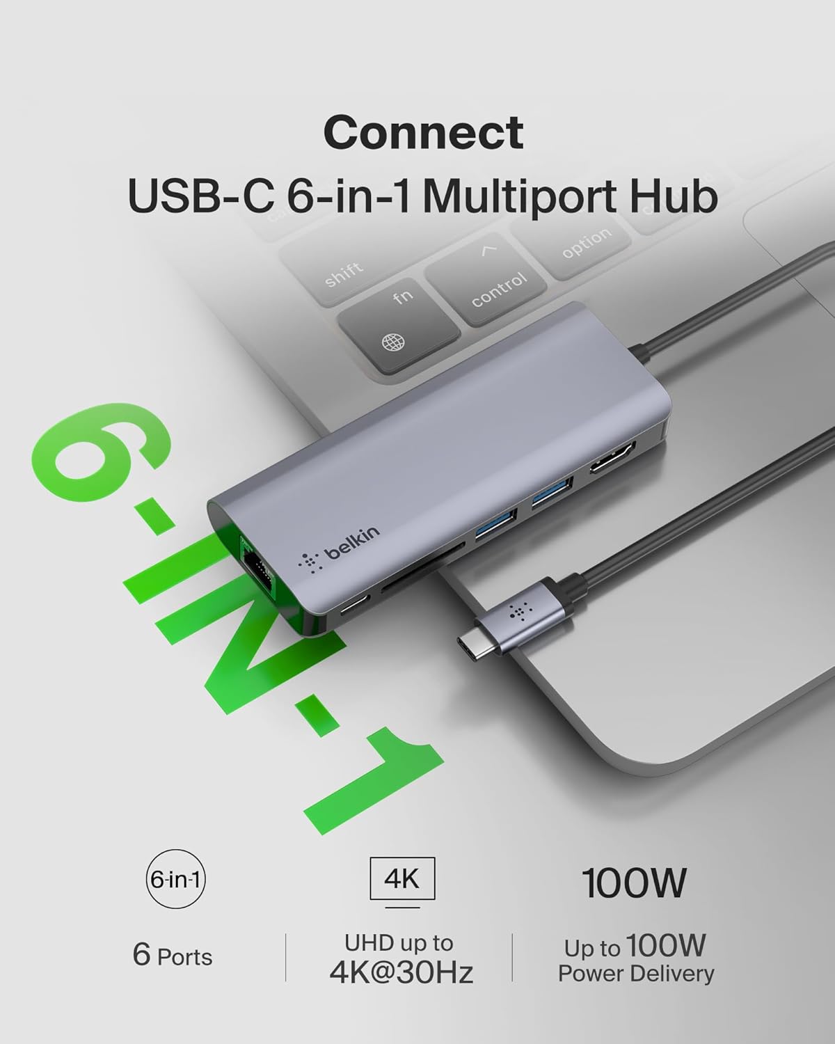 بيلكين - محور 6 في 1 - USB-C إلى (1 USB-C 2 USB-A 5 جيجابت في الثانية 1 HDMI 1 إيثرنت 1 بطاقة SD) - رمادي