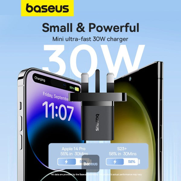 شاحن سريع باسياس GaN5 (ميني) 1C 30W المملكة المتحدة باللون الأسود