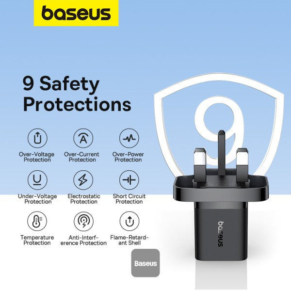 شاحن سريع باسياس GaN5 (ميني) 1C 30W المملكة المتحدة باللون الأسود