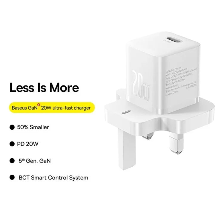 شاحن سريع Baseus GaN5 Mini منفذ واحد 20 واط، أبيض (المملكة المتحدة)
