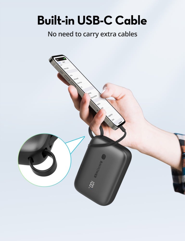 RAVPower PD20W 10000mAh Power Bank Build-in Type C Cable