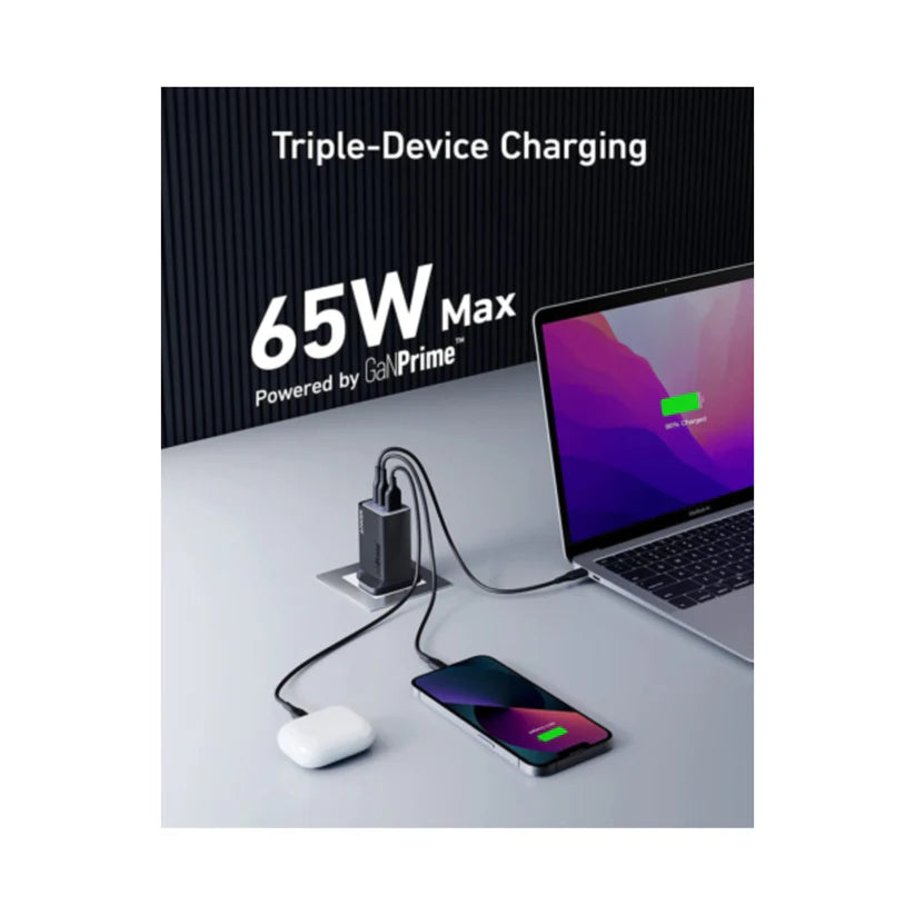 شاحن أنكر GaNPrime 65W 3 منافذ 2 USB-C و 1 USB-A - أسود