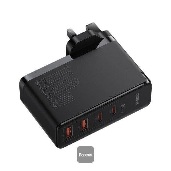 شاحن سريع Baseus GaN5 Pro بقدرة 100 واط (2 منفذ C + 2 منفذ USB)، أسود (المملكة المتحدة)