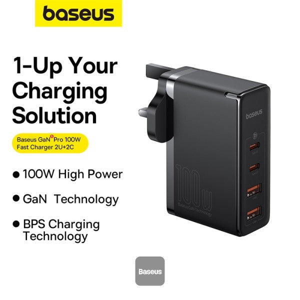 شاحن سريع Baseus GaN5 Pro بقدرة 100 واط (2 منفذ C + 2 منفذ USB)، أسود (المملكة المتحدة)