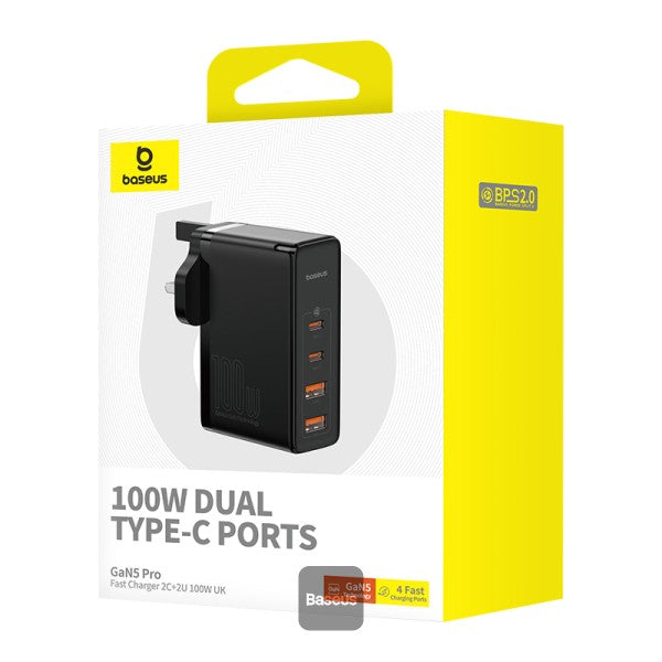 شاحن سريع Baseus GaN5 Pro بقدرة 100 واط (2 منفذ C + 2 منفذ USB)، أسود (المملكة المتحدة)