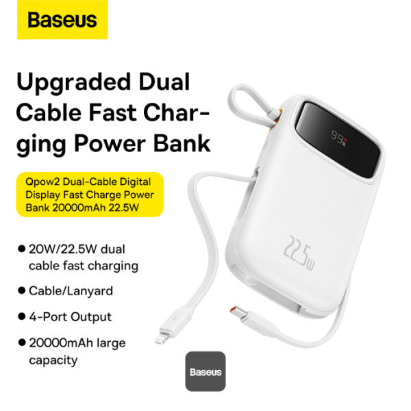 باوربانك Baseus Qpow2 بشاشة عرض رقمية، سعة 20,000 مللي أمبير، 22.5 واط، أبيض لامع (مع كابل شحن بسيط من نوع C بطول 0.3 متر)