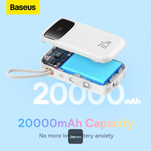 باوربانك Baseus Qpow2 بشاشة عرض رقمية، سعة 20,000 مللي أمبير، 22.5 واط، أبيض لامع (مع كابل شحن بسيط من نوع C بطول 0.3 متر)