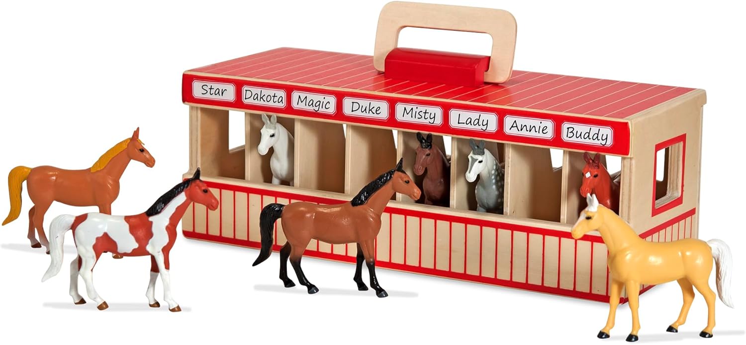 Melissa & Doug Take-Along Show-Horse Stable Play Set With Wooden Stable Box and 8 Toy Horses