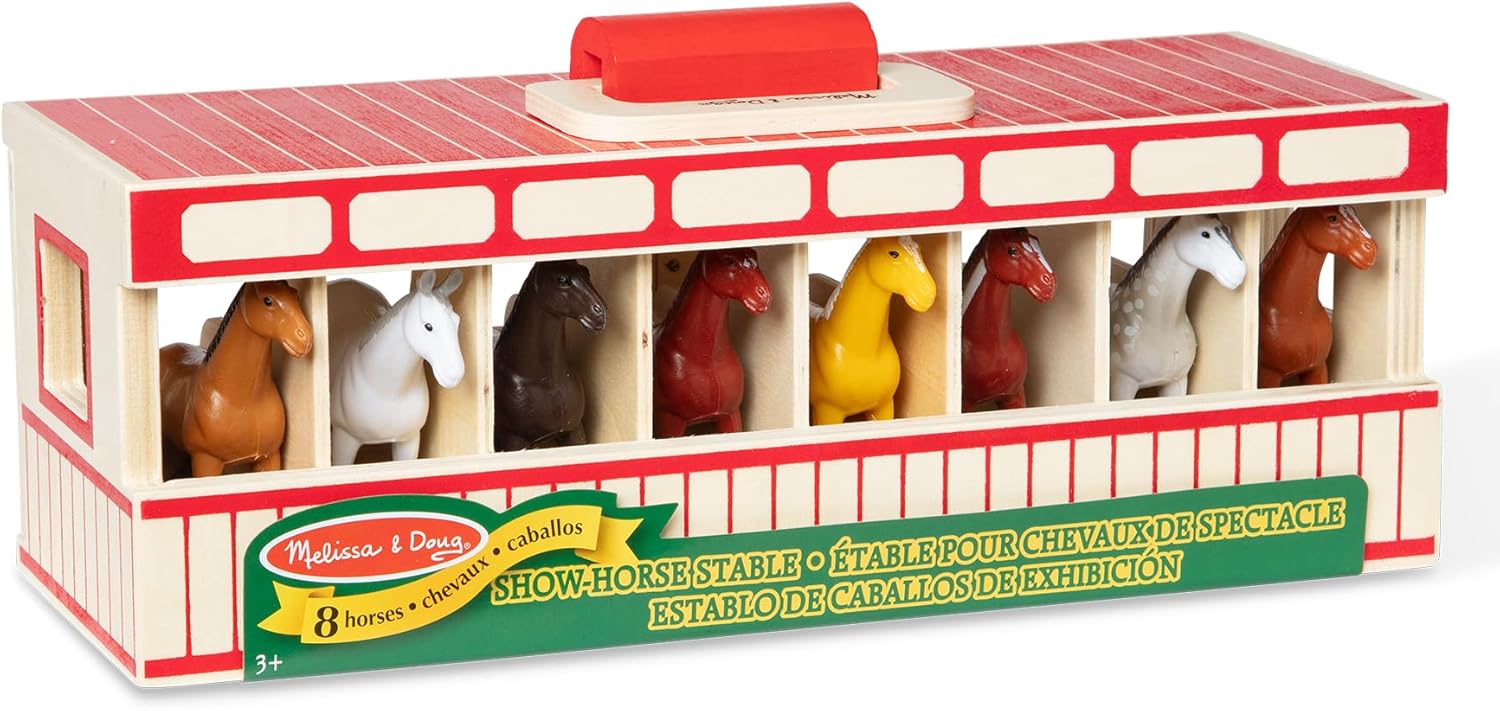 Melissa & Doug Take-Along Show-Horse Stable Play Set With Wooden Stable Box and 8 Toy Horses