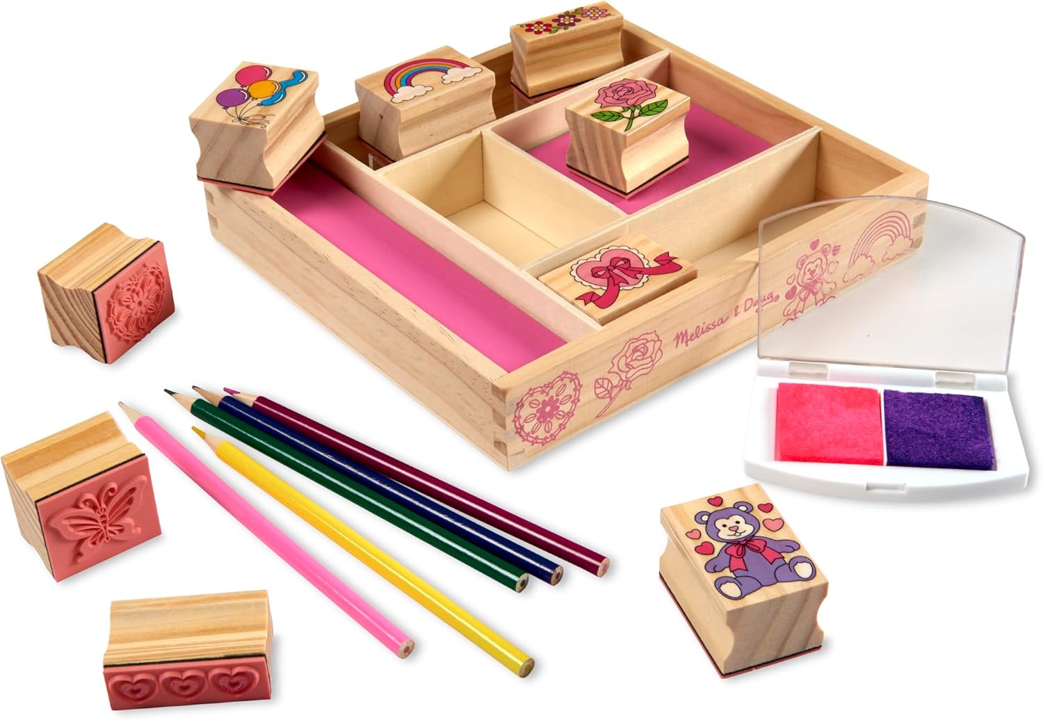 Melissa & Doug Wooden Stamp Set: Friendship - 9 Stamps, 5 Colored Pencils, and 2-Color Stamp Pad
