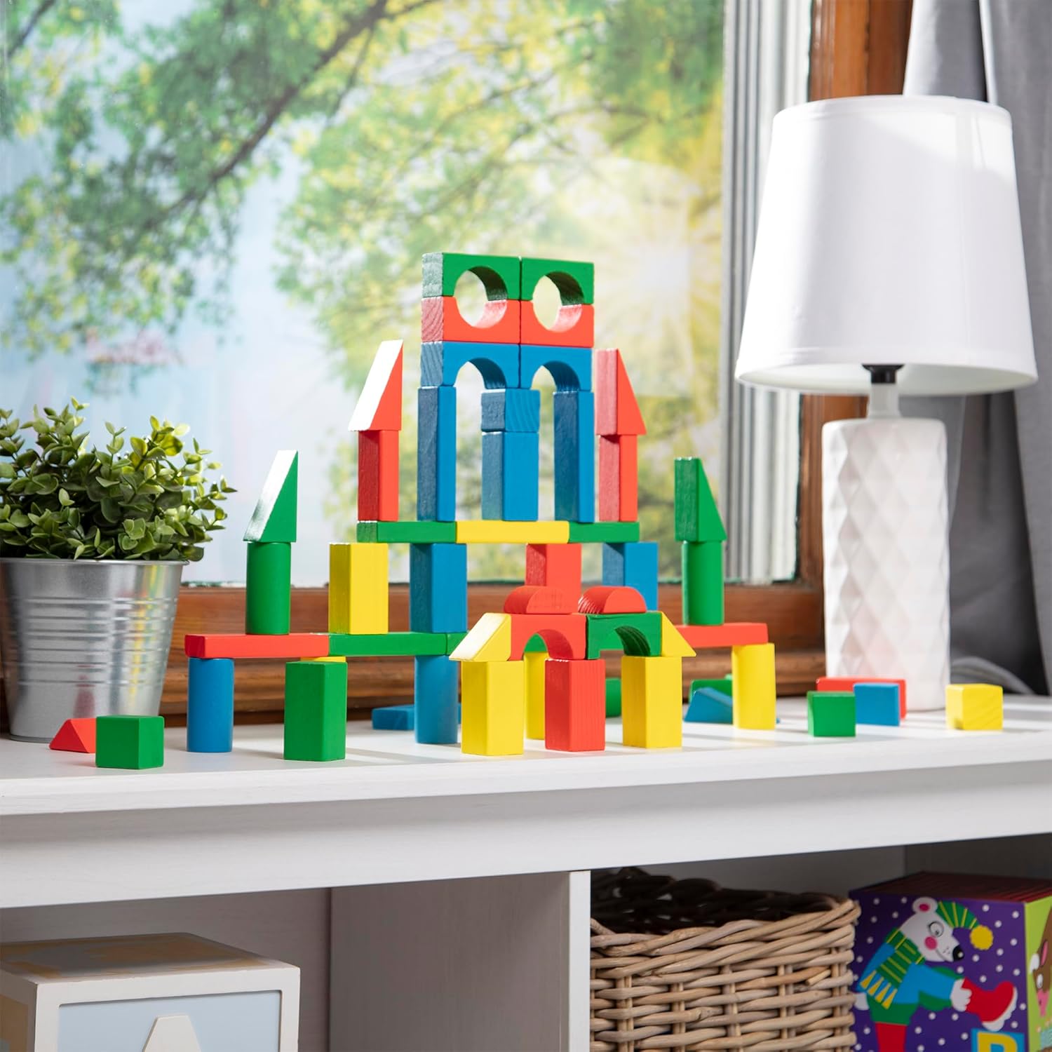 Melissa & Doug Wooden Building Blocks Set - 100 Blocks In 4 Colors And 9 Shapes