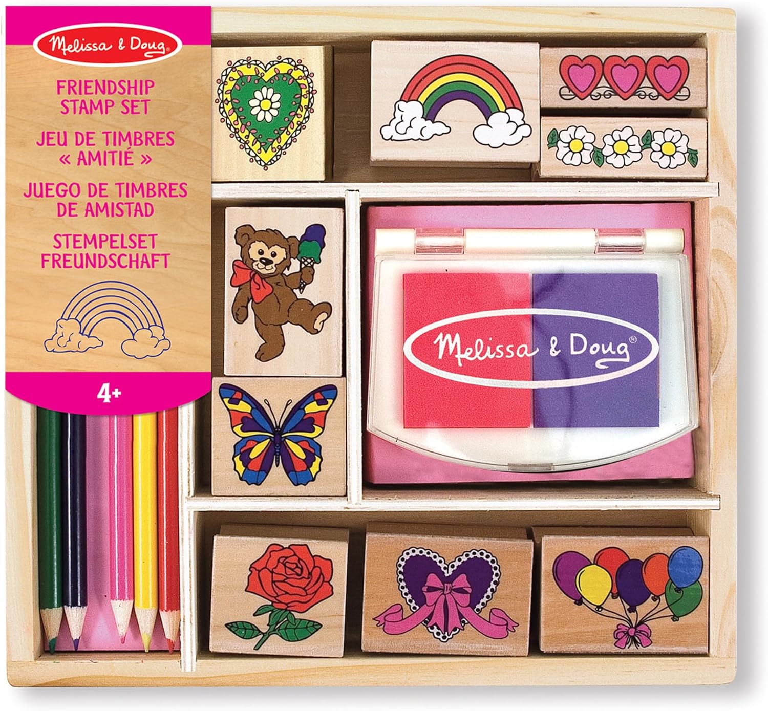Melissa & Doug Wooden Stamp Set: Friendship - 9 Stamps, 5 Colored Pencils, and 2-Color Stamp Pad