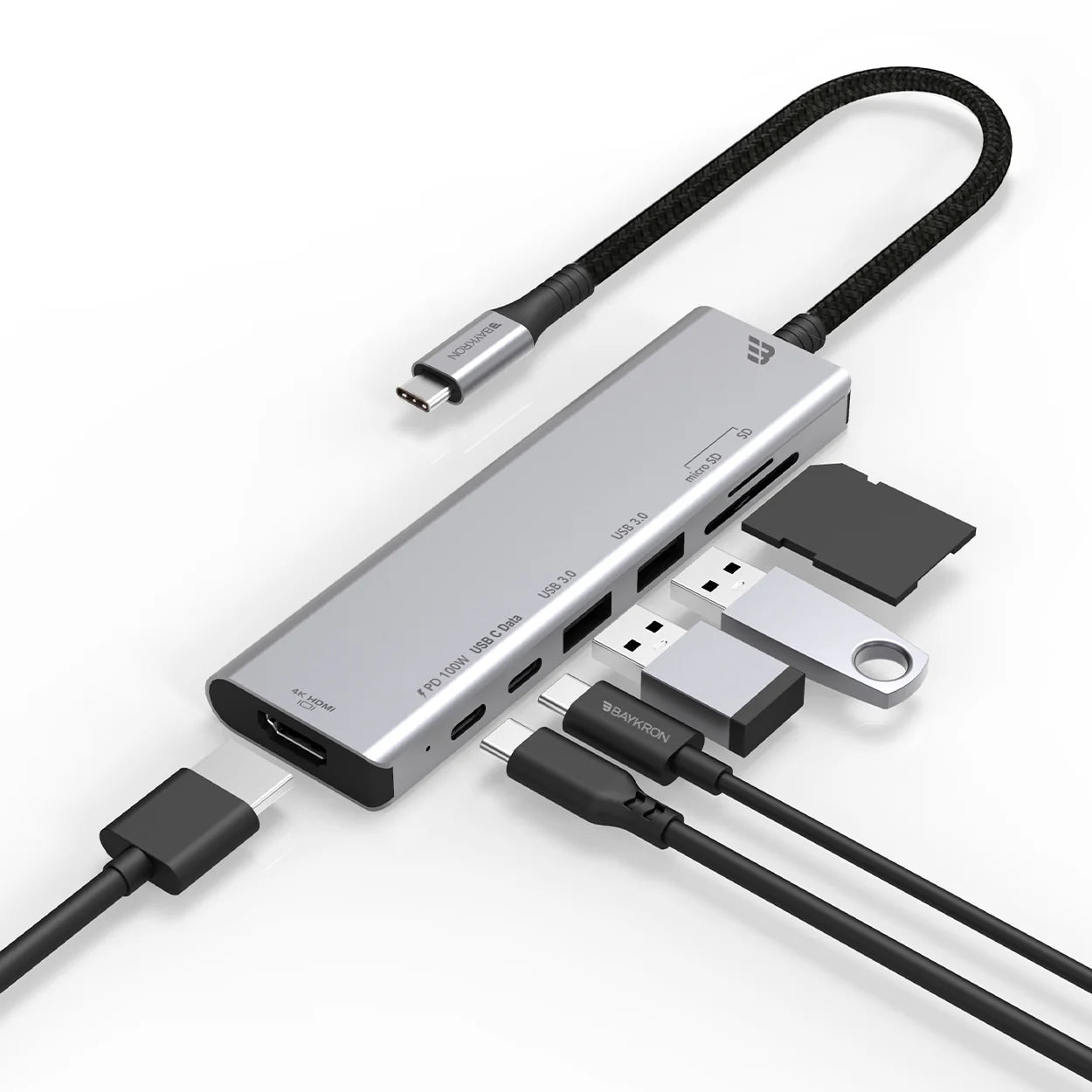 Baykron Usb-C Hub 7 in 1 with card reader, AND 100 W PD